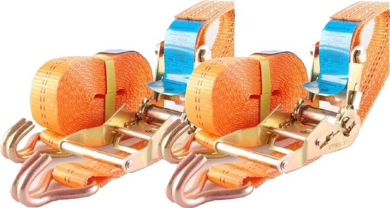 Zwei orange Zurrgurte mit Ratschen und Haken.