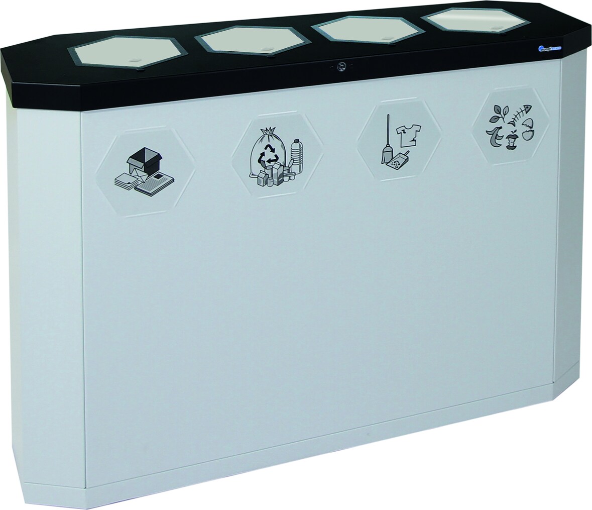 Sixco Recycling-Station-4fach, 4 x 45 Liter, lichtgrau, mit Klappen aus Edelstahl