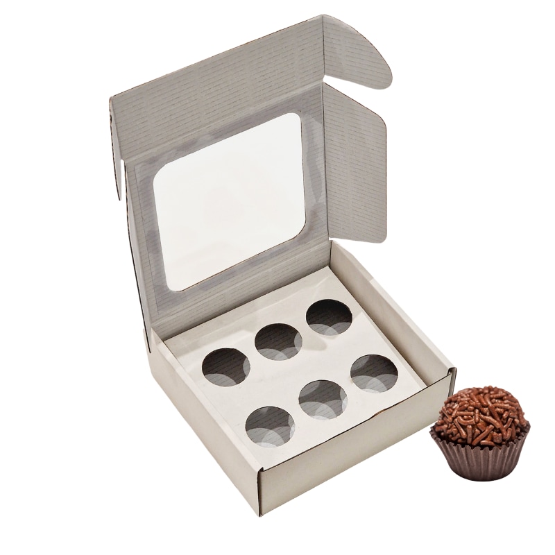 Caixa Cartao Micro Branco 140x140x50mm 6 brigadeiros c/ janela Quadrada