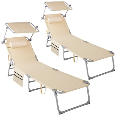 tectake Conjunto de 2 espreguiçadeiras Chloé com 4 posições e travesseiro  Bege