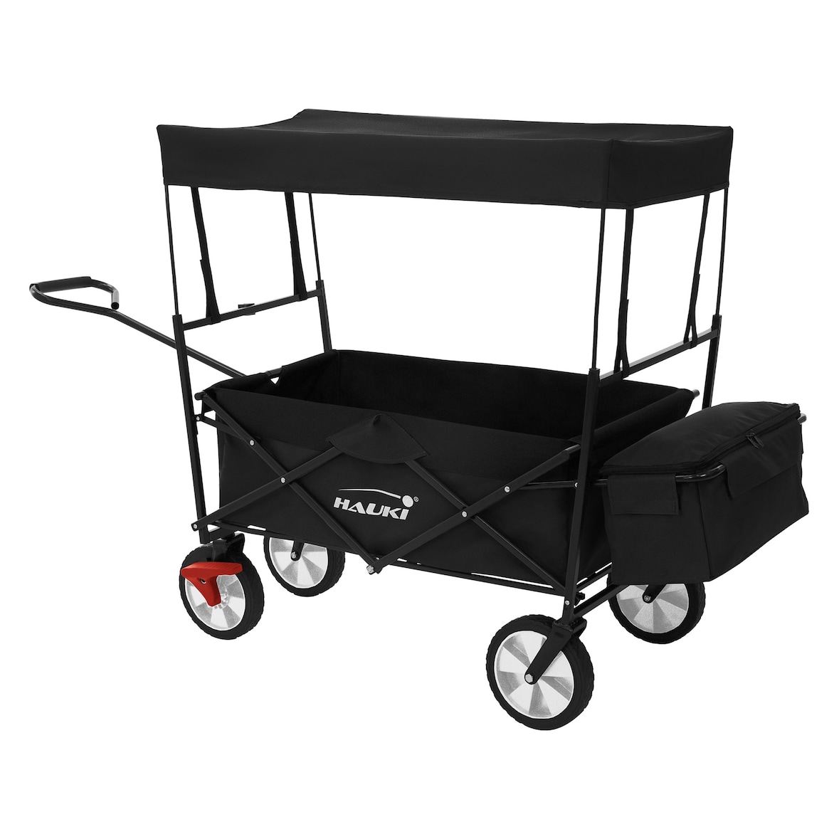 Hauki Bollerwagen L Schwarz, faltbar mit Dach, Handwagen klappbar, bis 80 kg, 2 Netztaschen + Außentasche, Bremse, Transportwagen Kinder