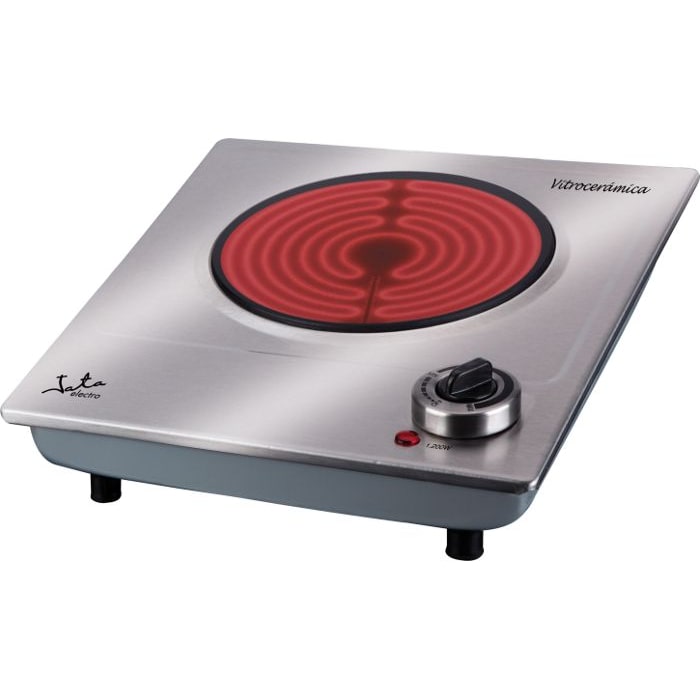 Cocina eléctrica vitrocerámica Jata V531 de 1 fuego de 18 cm. Cuerpo de acero inoxidable. 1.200 W. Termostato regulable de temperatura. Extraplana