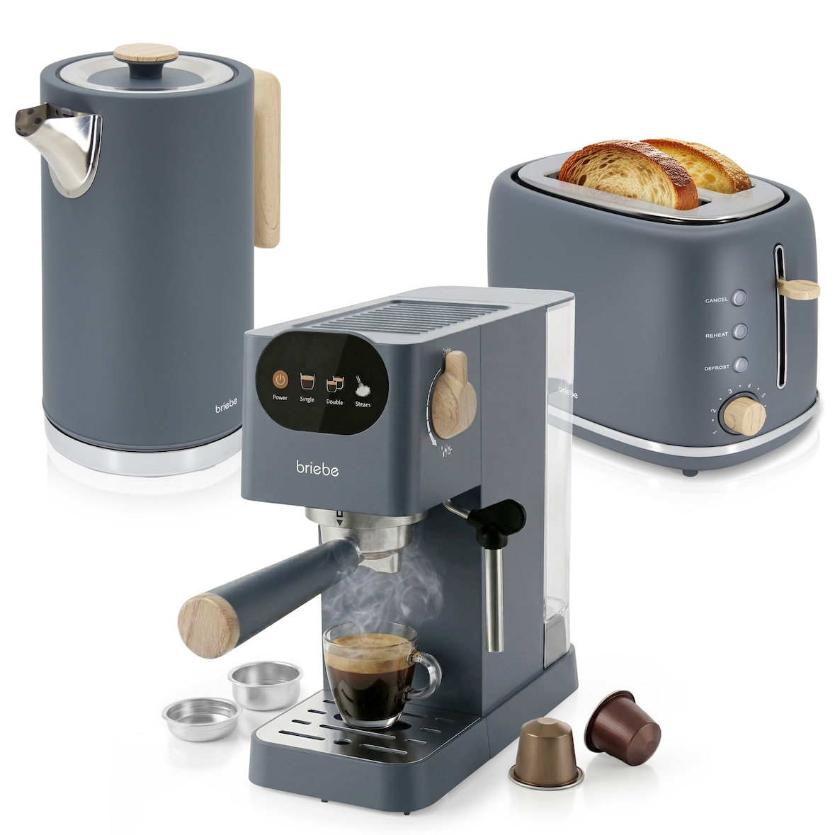 Nordic Set Espressomaschine 20 Bar, Toaster für 2 Scheiben, Wasserkocher 1,7 L, Briebe, SKT1209GRY, Grau
