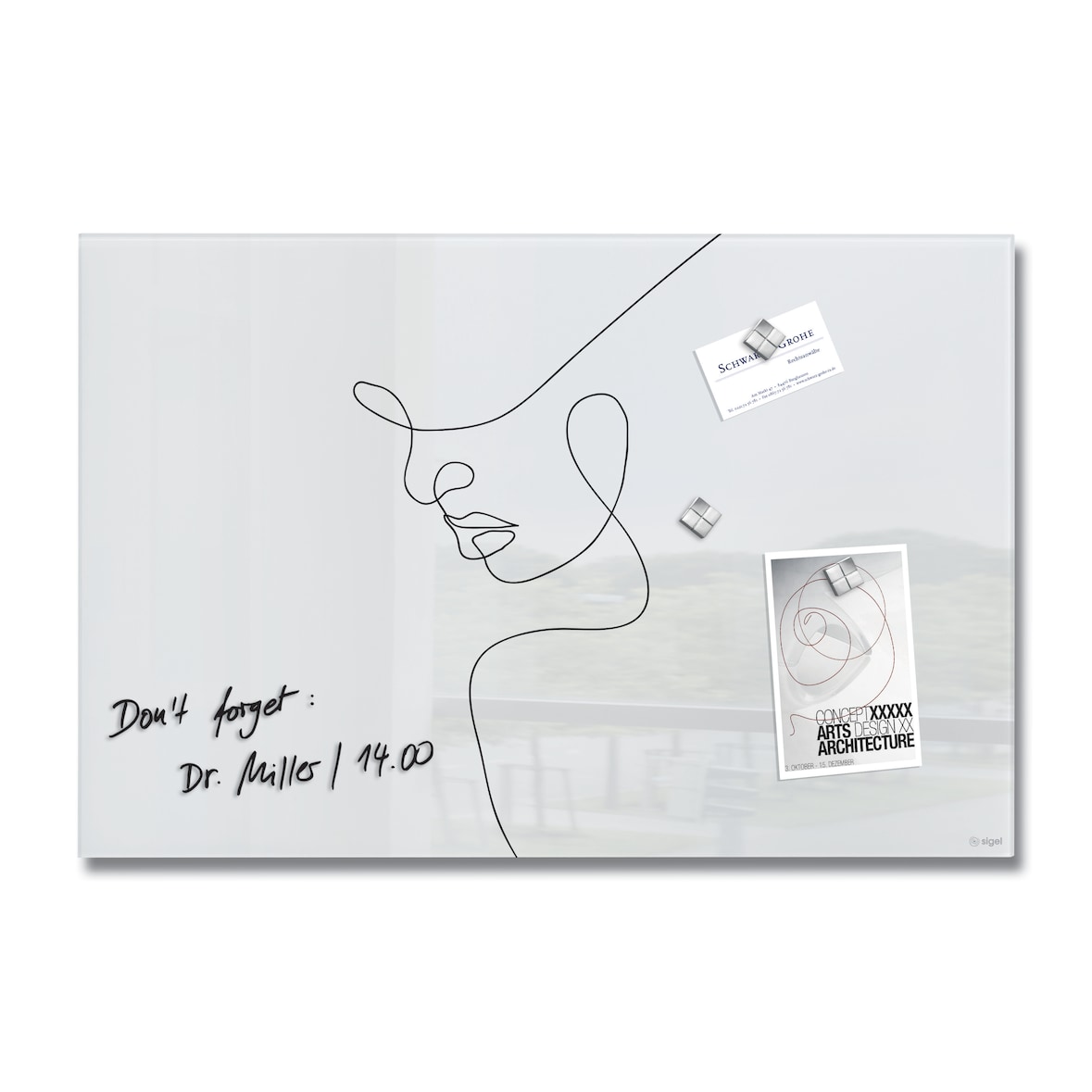 Sigel GL395 Glas-Magnettafel Artverum - Design Line Art - 60 x 40 cm - weiß, schwarz - Sicherheitsglas