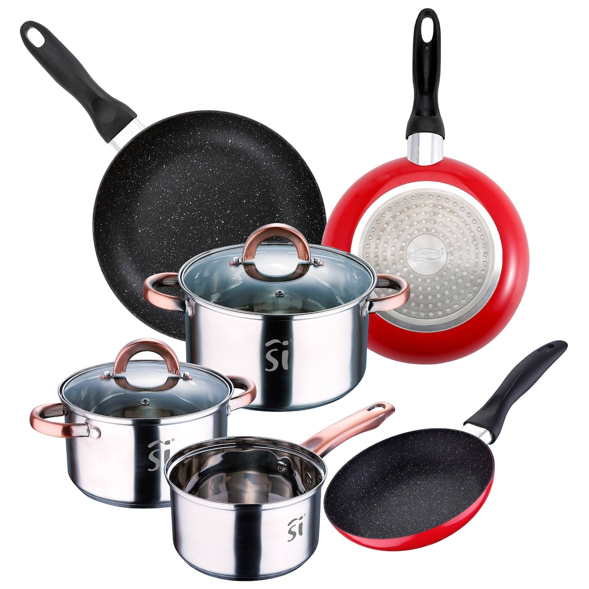 San Ignacio - Onil Kochgeschirr-Set, 16/18/20 cm, Edelstahl, mit 3 16/20/24 cm großen Pfannen aus gepresstem Aluminium, Induktion