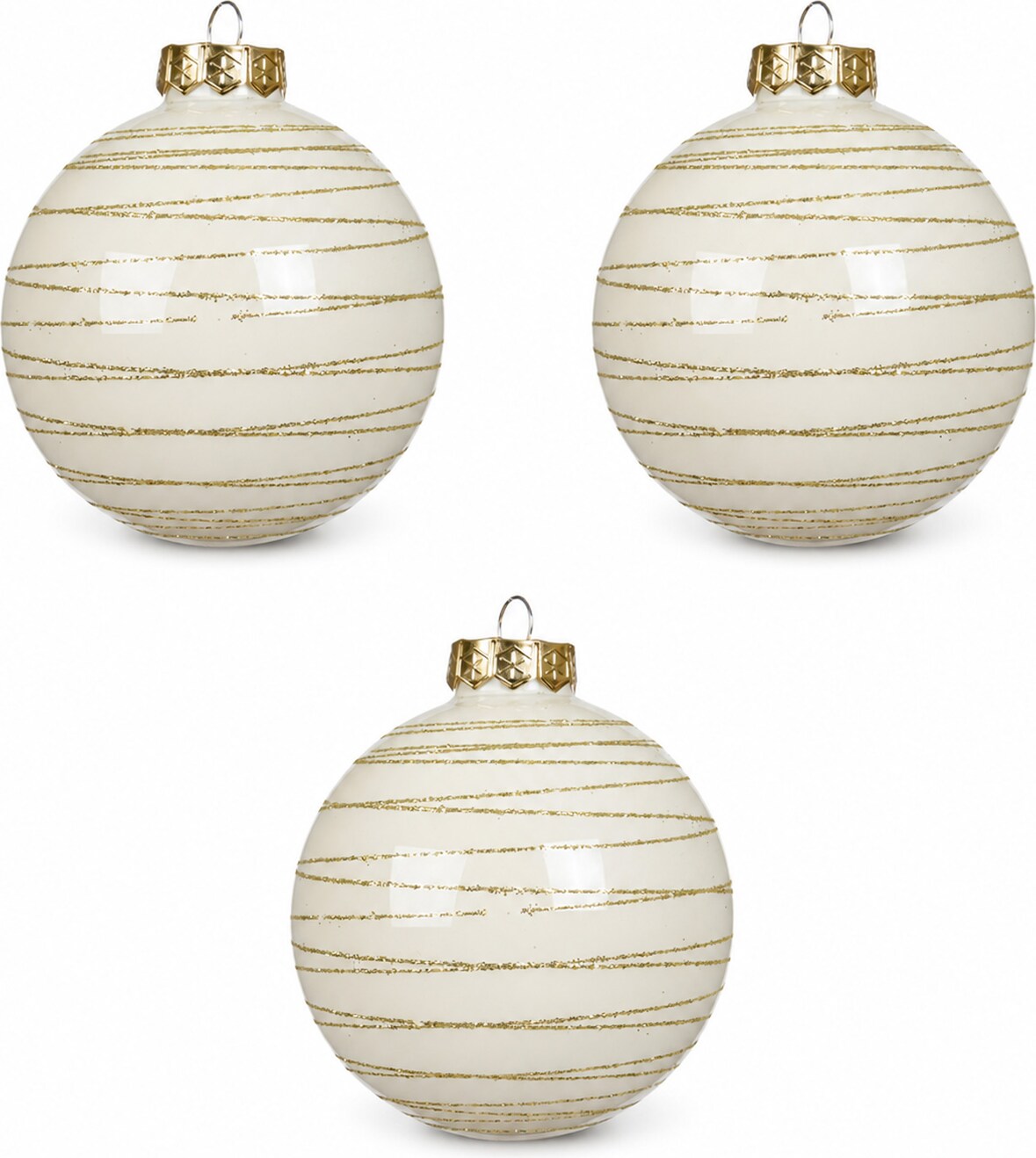 3 Weihnachtskugeln Glas 8cm mit Streifen Muster Christbaumkugeln Weihnachtsbaumkugeln Christbaumschmuck Weihnachtsbaumschmuck Deko Wollweiss