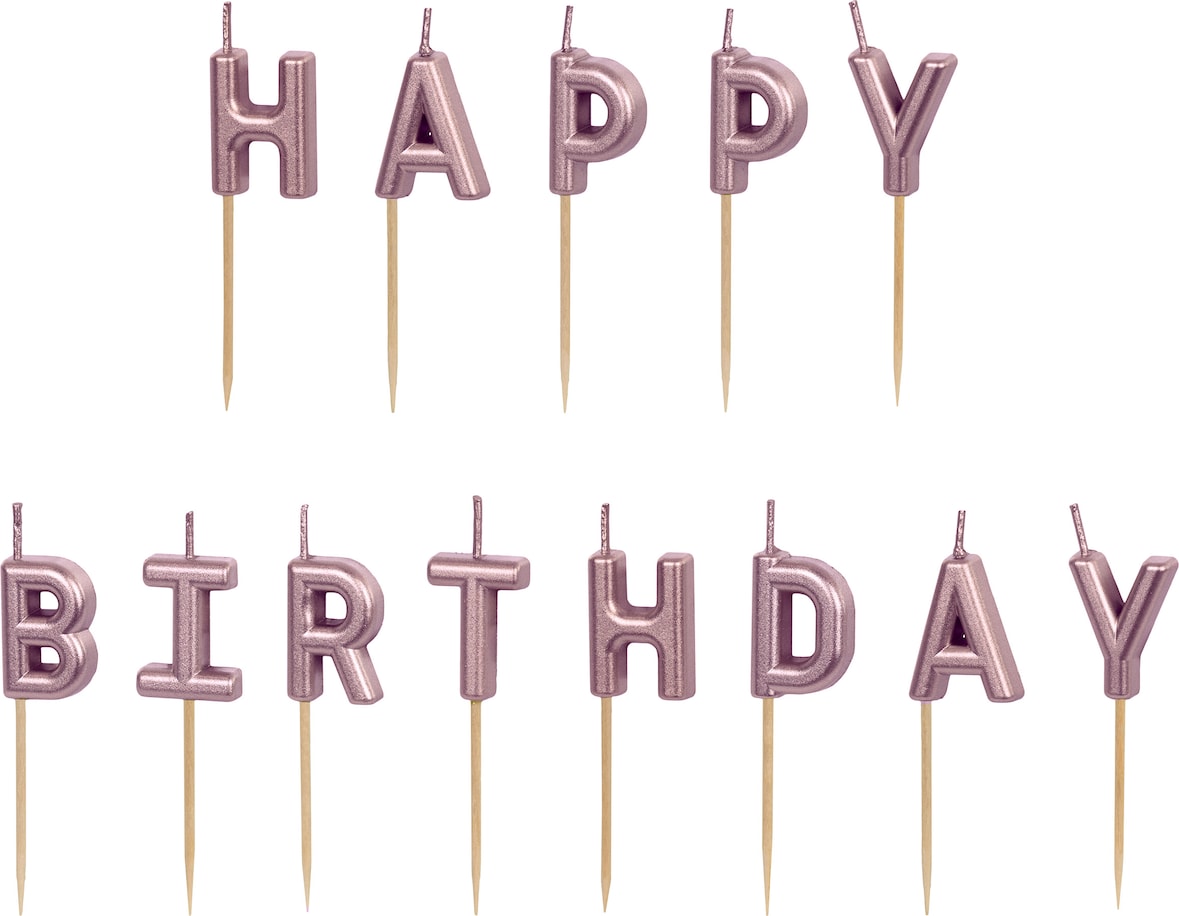 Geburtstagskerzen Happy Birthday 2,5cm - 13 Buchstabenkerzen Schriftzug Geburtstag Kuchenkerzen Tortenkerzen Partydeko Tortendeko Kuchendeko Rosegold