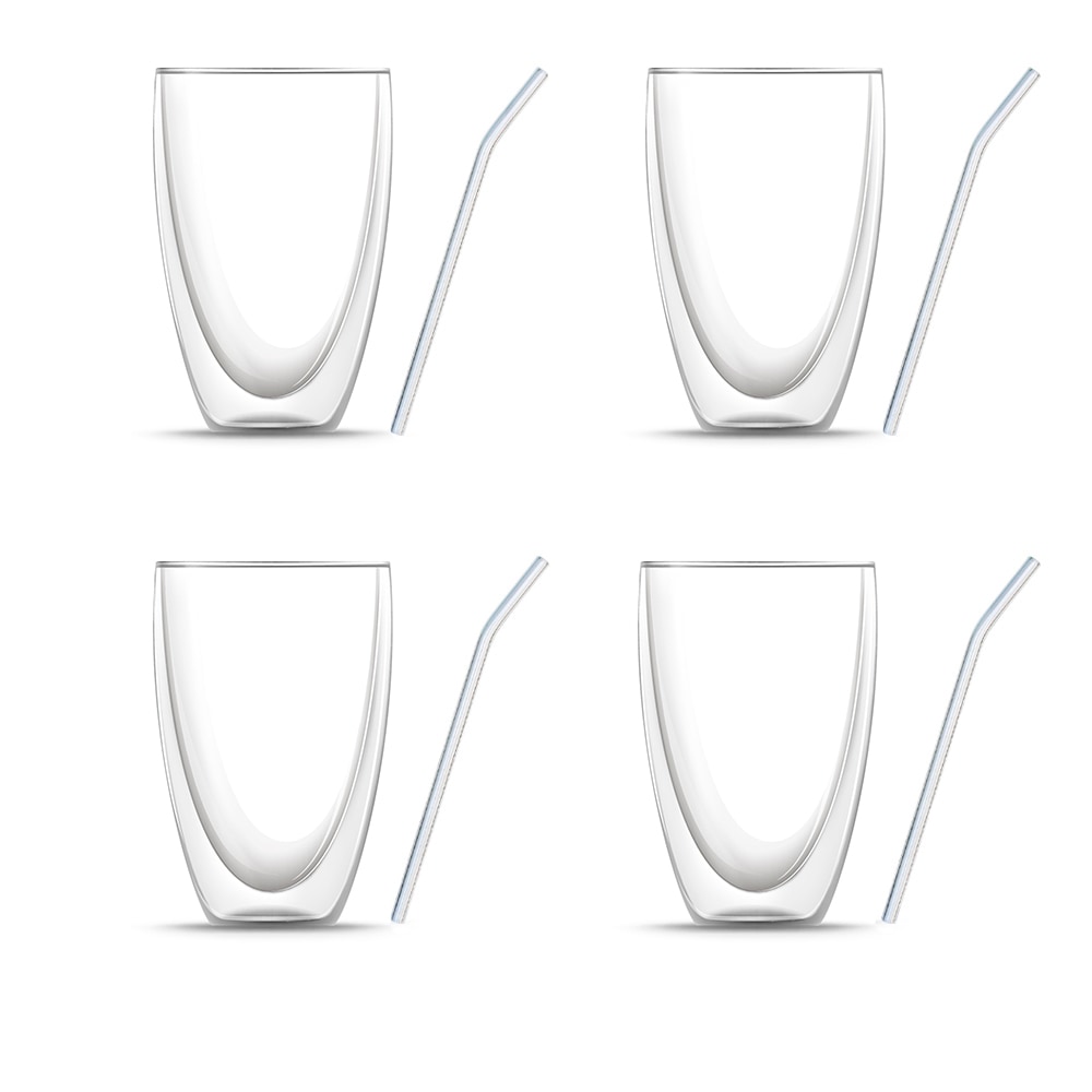 BEM 8-er Gläser Set: 4 x Doppelwandige Matcha Latte Macchiato Frappe Kaffeegläser, für heiße und kalte Getränke (je 440 ml) und 4 x Glasstrohhalme