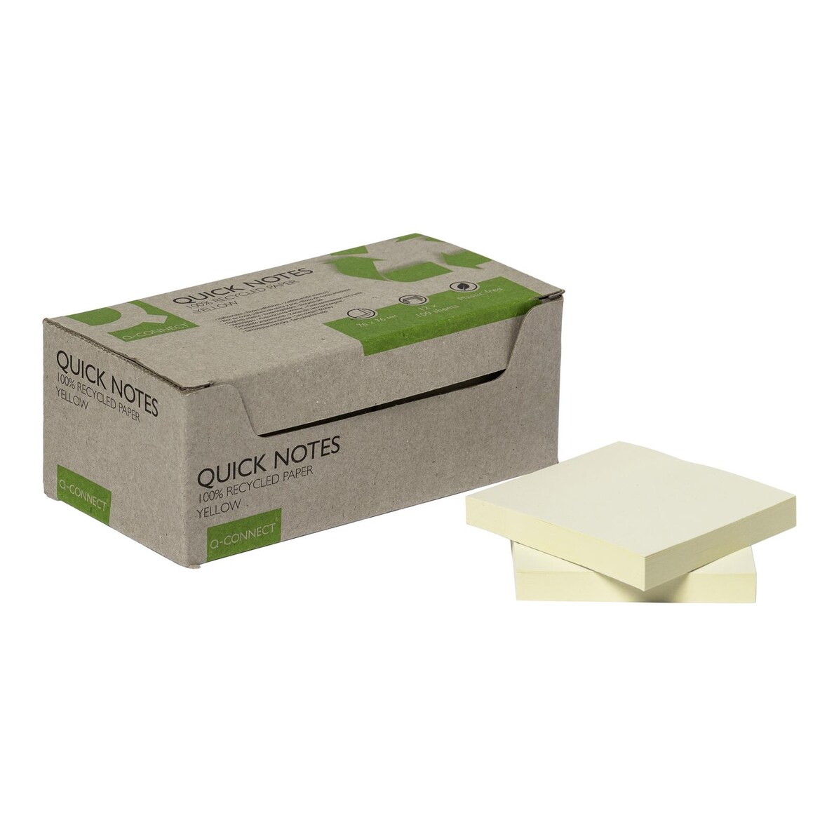 Q-Connect® KF17321 Haftnotizblock Recycling - gelb, 76 x 76 mm, 100 Blatt, 12er Box