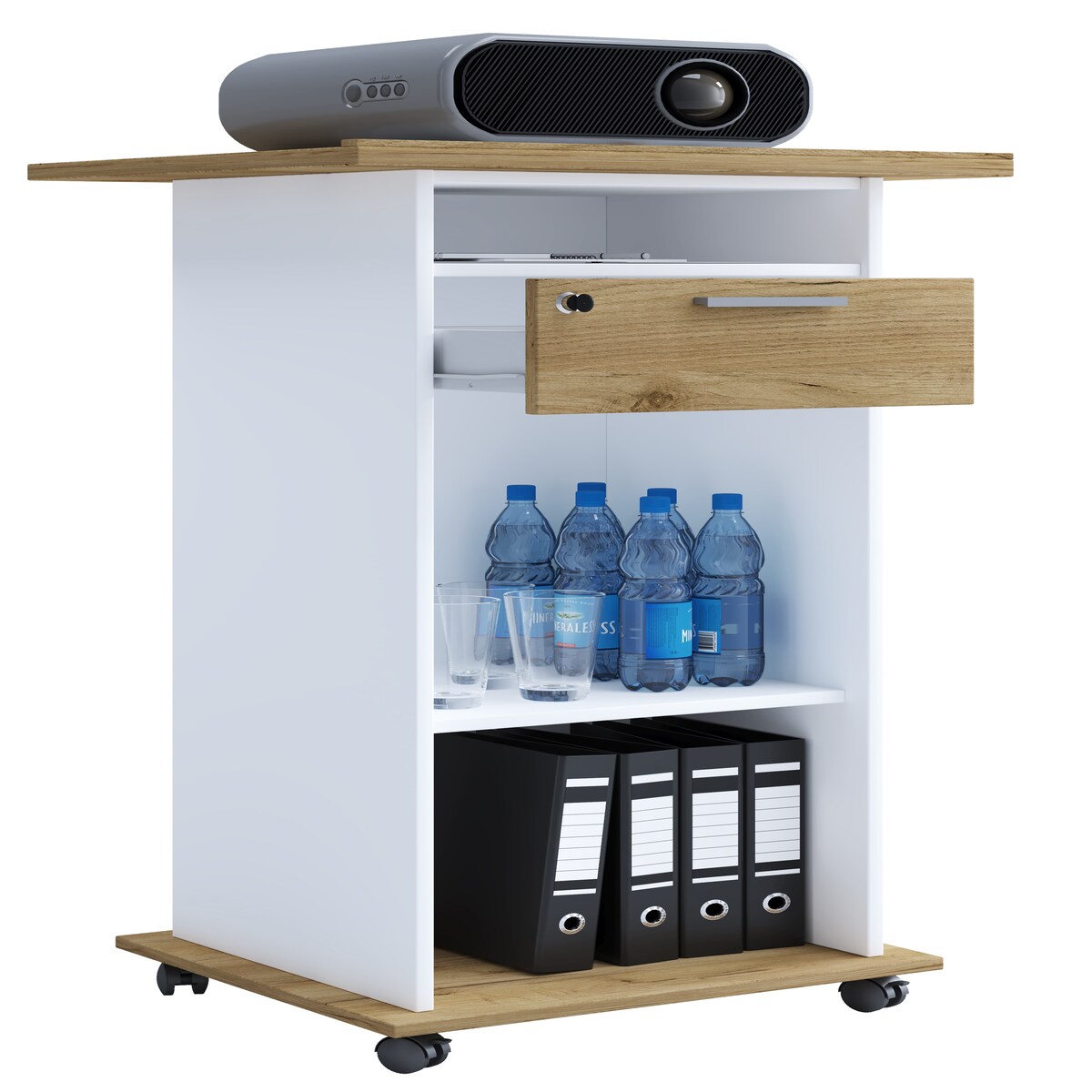 VCM Hifi-Möbel Neta Weiß / Honig-Eiche H. 108 x B. 60 x T. 50 cm