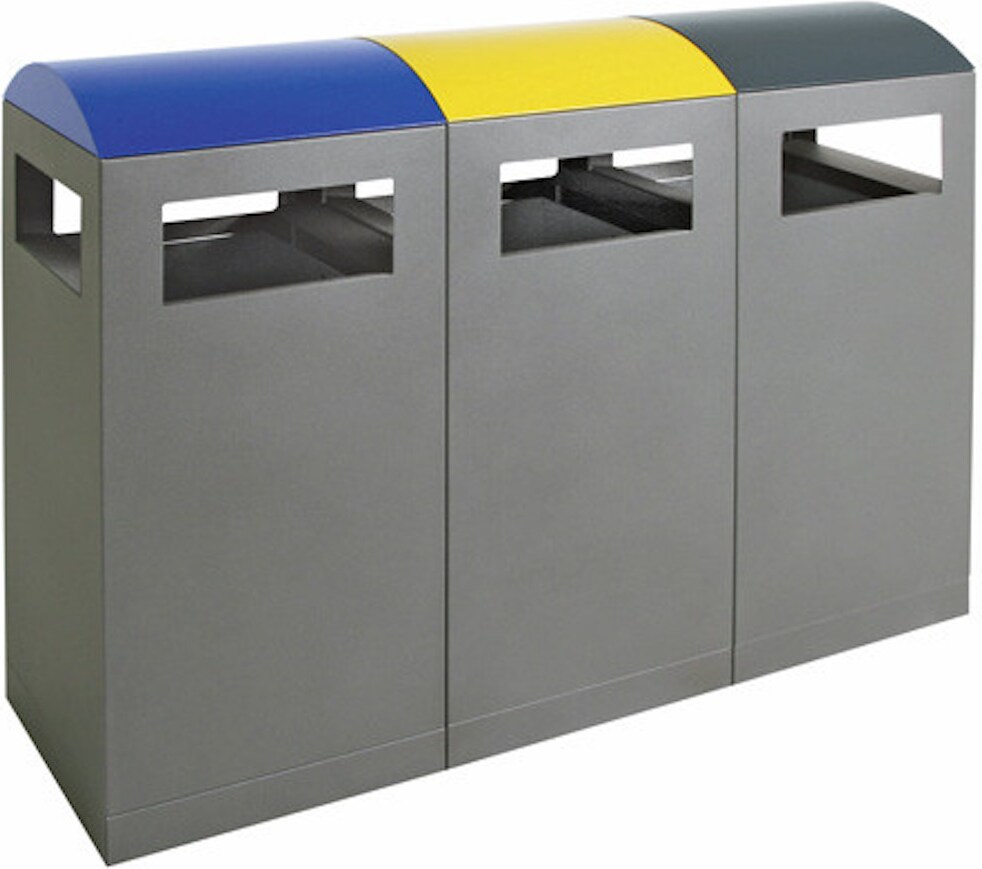 PROREGAL Abfallbehälter für Außenbereiche mit verzinktem Innenbehälter, 3x90L, HxBxt 106x135x45cm, Brandschutzklasse A1, Anthrazitgrau/Blau/Gelb