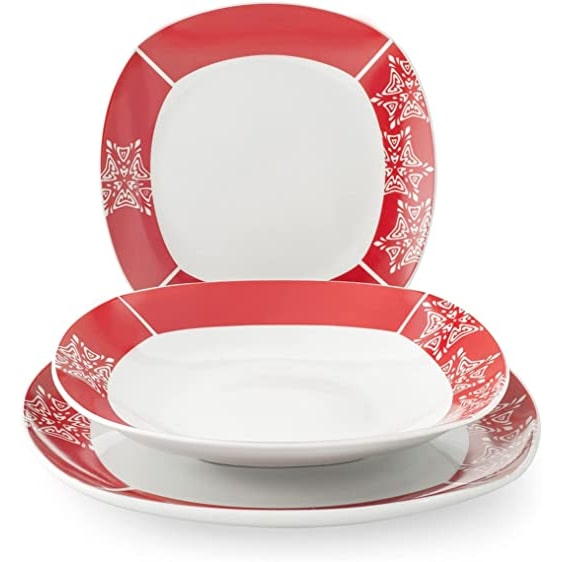 Home 18-delig vierkant servies Grace van porselein met rood dessin