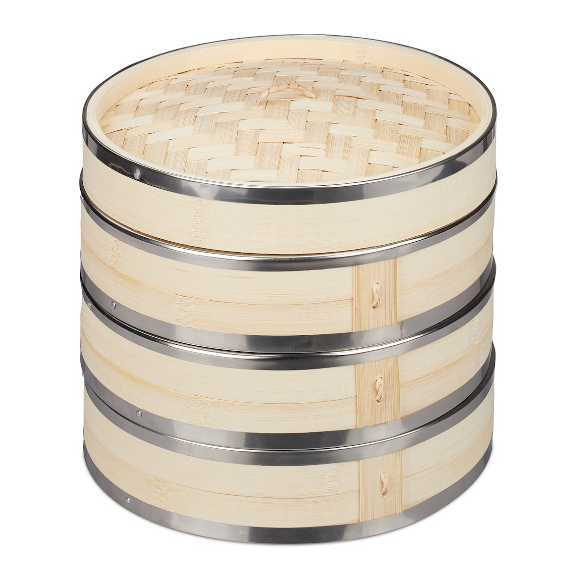 Relaxdays Bambus Dampfgarer, 3 Etagen, mit Metallringen, asiatischer Dampfkorb für Reis, Dim Sum, Gemüse, Ø 24 cm, natur