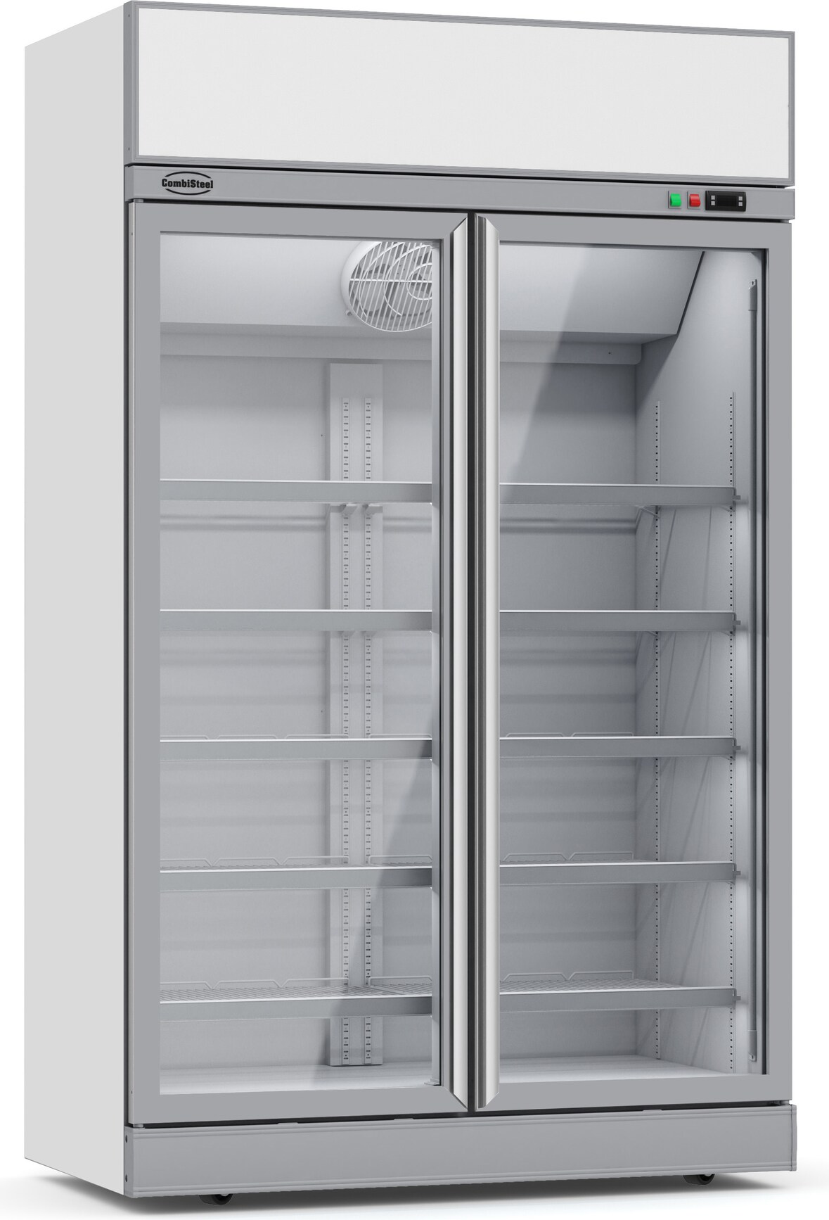 Kühlschrank RHINO auf Rollen | 2x Glastür + LED & Werbedisplay | 1000L, HxBxT 209,2x125,3x71cm | 0/+10°C | Grau | + CHEFGASTRO Geschirrtuch