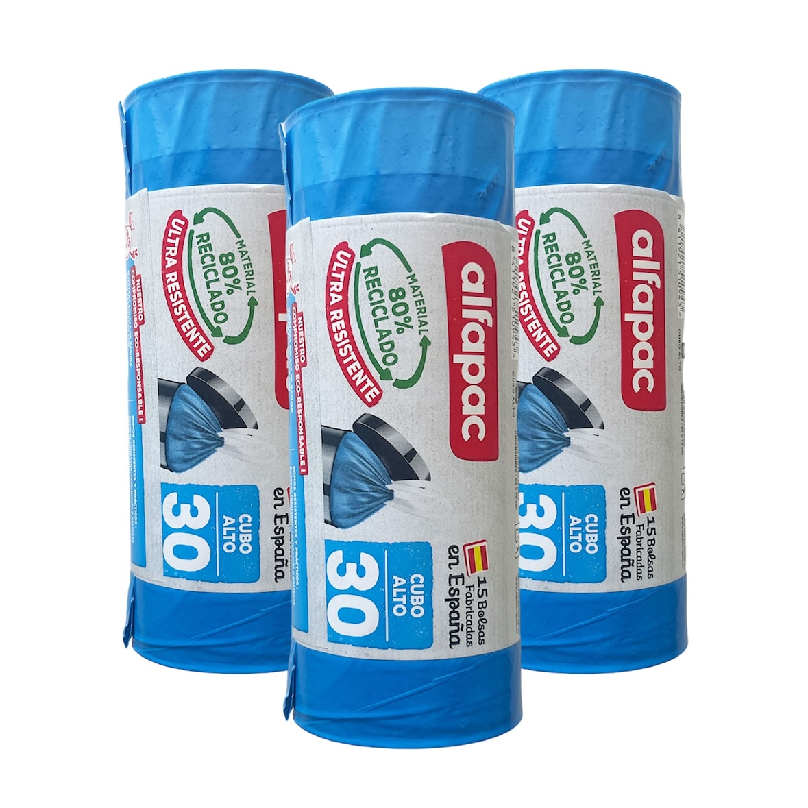 Alfapac - Müllbeutel 30L 50x75cm mit Selbstverschluss für hohe Eimer, 3 Rollen x 15 Stück (80% Recycelt)
