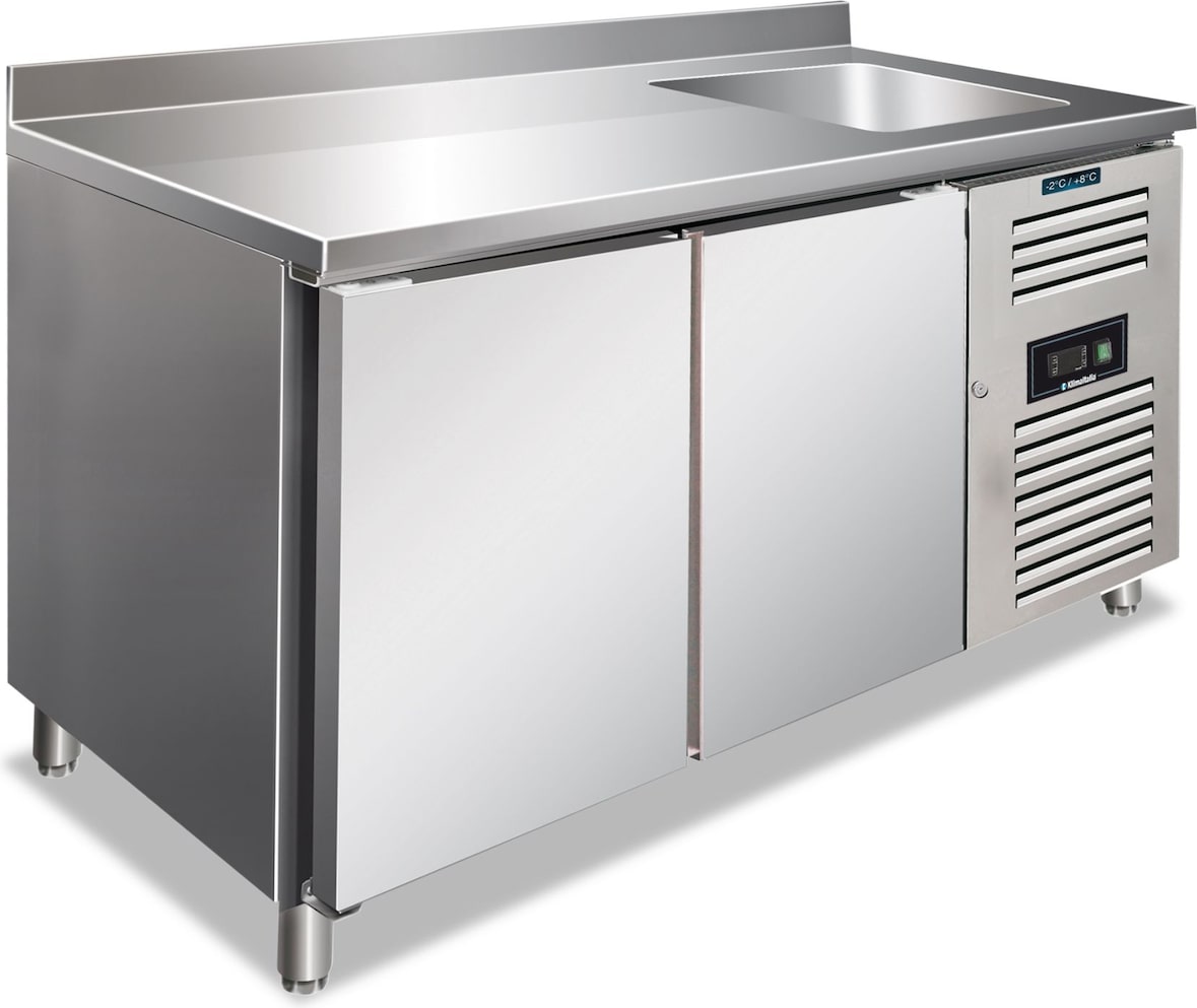 KLIMAITALIA Edelstahl-Kühltisch mit 2 Türen und Spüle. Klasse B tropisierte automatische Abtautemperatur -2°C/+8°C.  Maße LxWxH 151x70x96 cm. CLV2200T