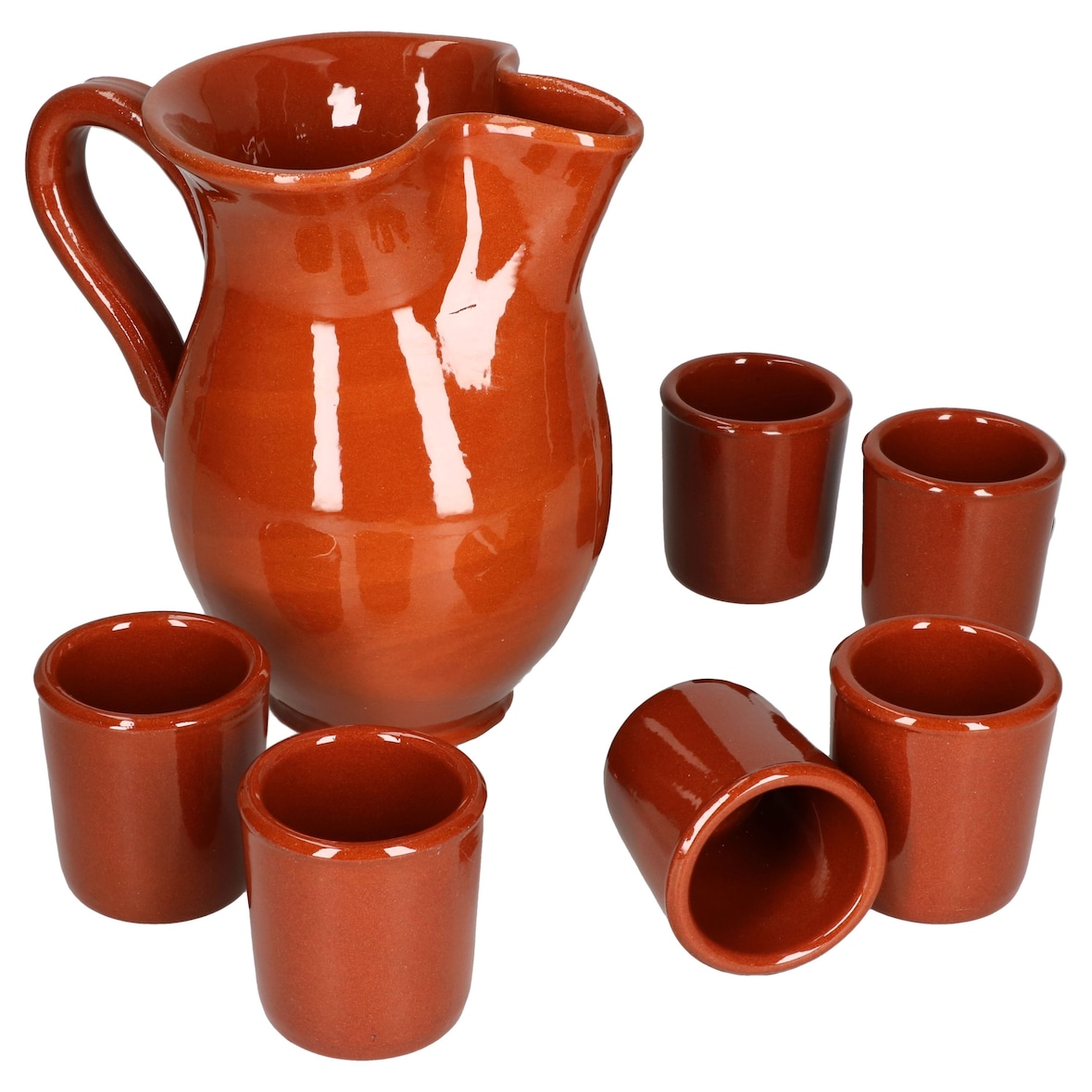 7tlg. Tongeschirr Set Tonkrug 0,5L + 6 Tonbecher 50ml braun glasiert - 99546 + 6x 12970