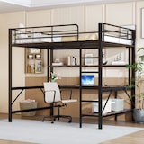 thumbnail of Hochbett 140x200 mit Geländer, Trittleiter, Schreibtisch, Regalen, LED-Beleuchtung, USB und Steckdose, Metallrahmen, funktionales Loftbett Schwarz