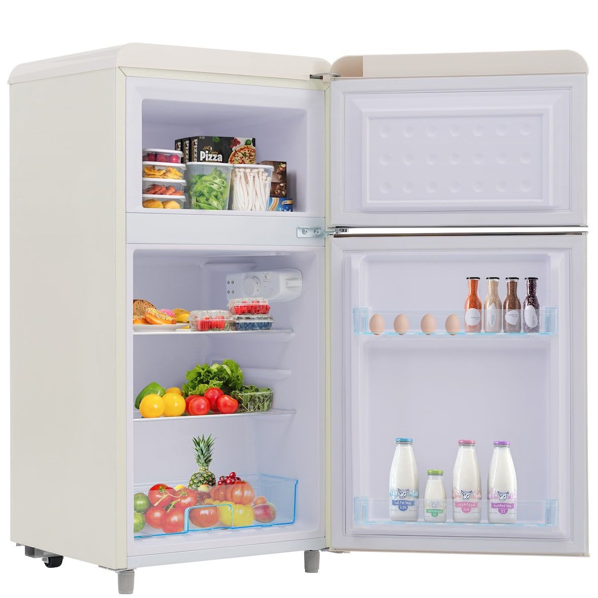 Kompakter 46×45×91 cm Retro Kühlschrank 72L Zweitürig Gefrierfach 21L Kühlfach 51L Energiesparend E-Klasse Verstellbare Einlegeböden Weiß