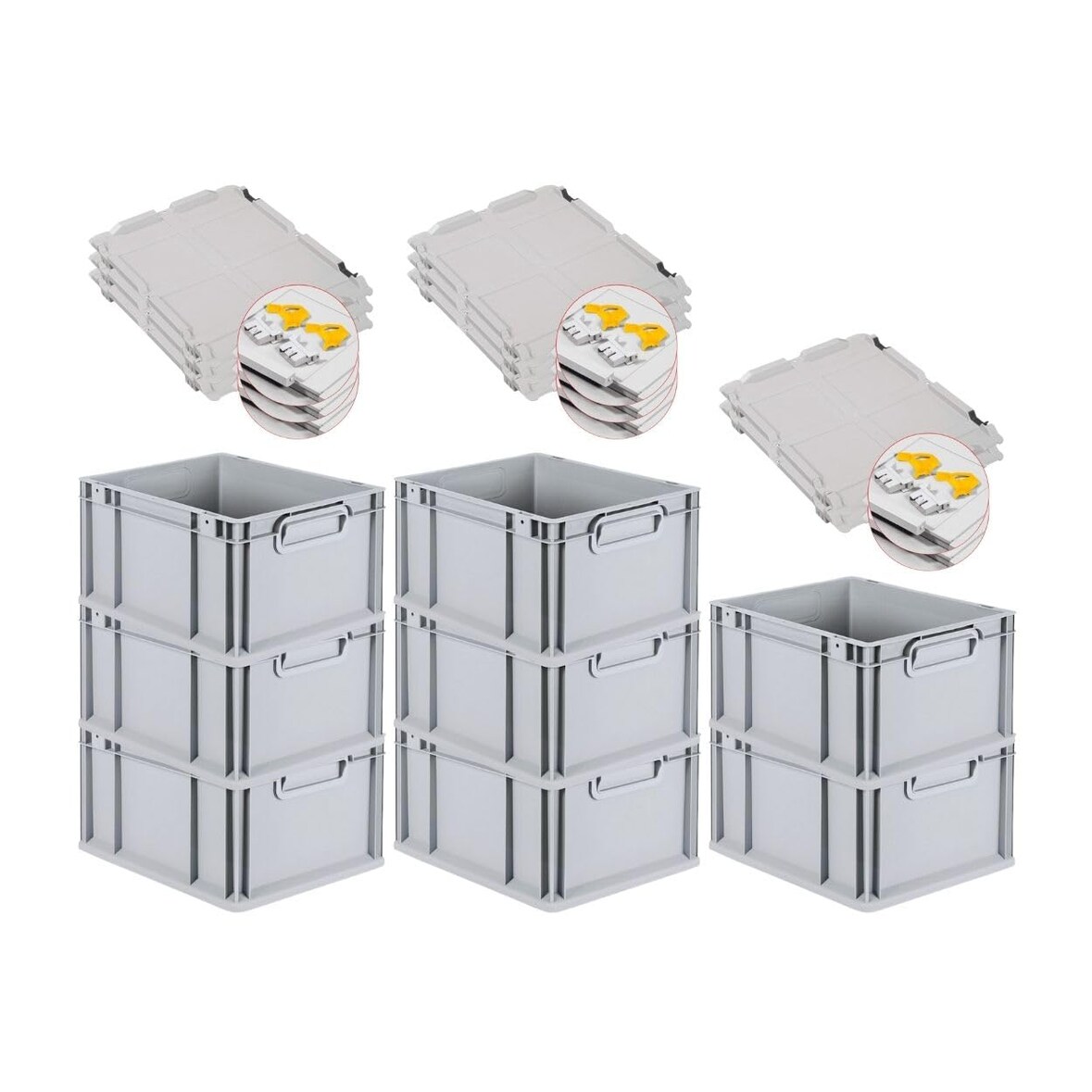 PROREGAL SuperSparSet 8x Eurobox NextGen Economy mit Scharnierdeckel & gelben Verschlüssen, Griffe zu, HxBxT 22x30x40cm, 20L, Eurobehälter, Box