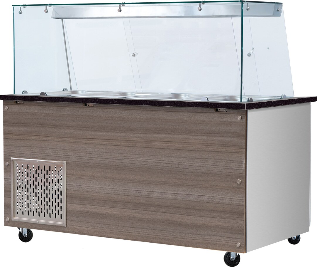 Skyrainbow SNACK-Line, Kalte Theke, 4x GN1/1, Granit Star Galaxy schwarz, 153x82x85.5 Glasaufbau Klarglas  mit Zwischenablage, H=496mm