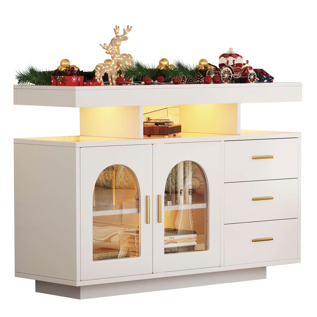 OKWISH Sideboard Hochglanz Weiß 120x40x80 cm mit LED-Beleuchtung App Steuerung 3 Schubladen 1 Schrank 4 offene Fächer Acrylfront