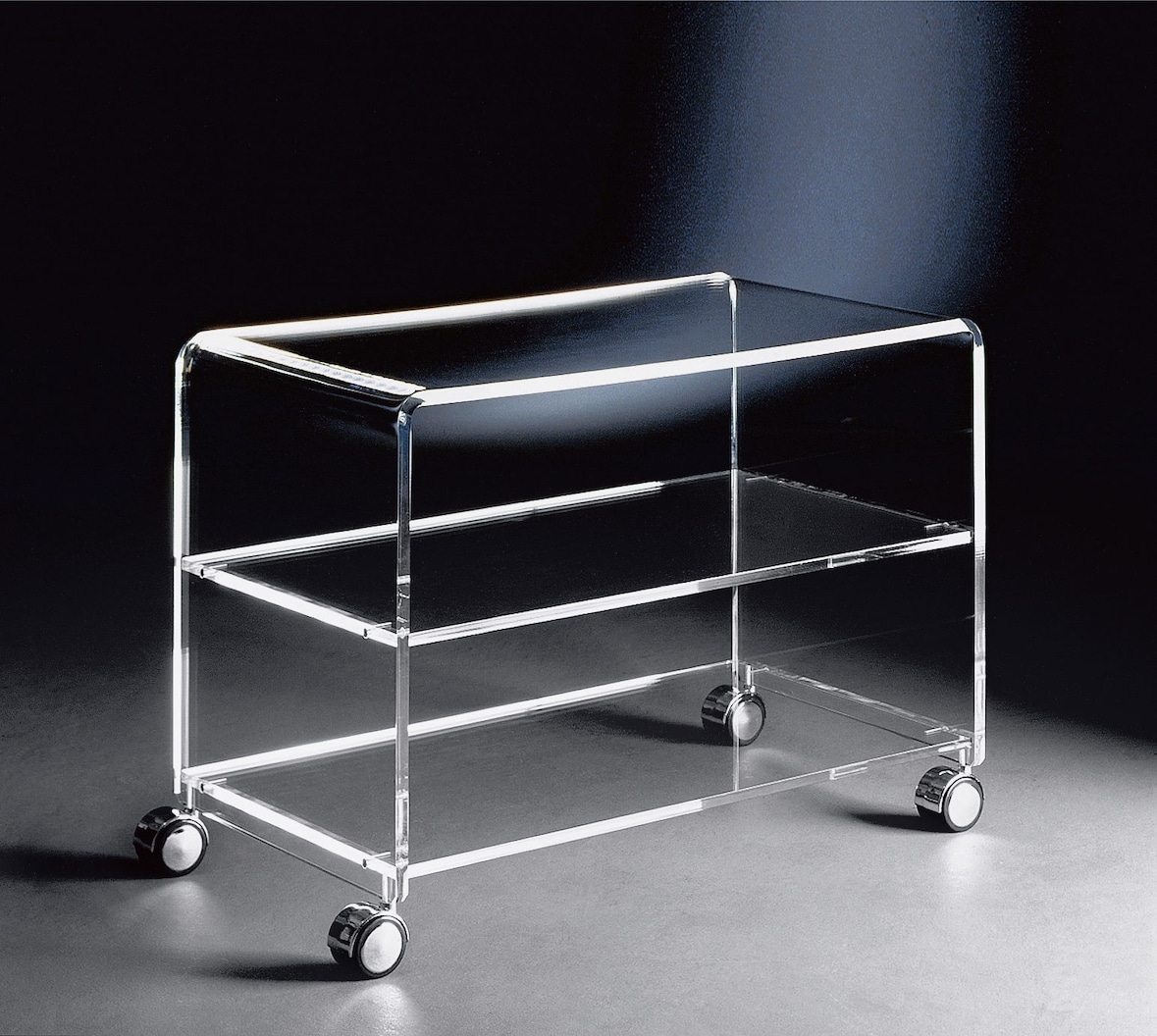 Hochwertiger Acryl-Glas TV-Wagen / TV-Tisch mit 4 verchromten Rollen, klar, 63 x 38 cm, H 48 cm, Acryl-Glas-Stärke 10 / 12 mm