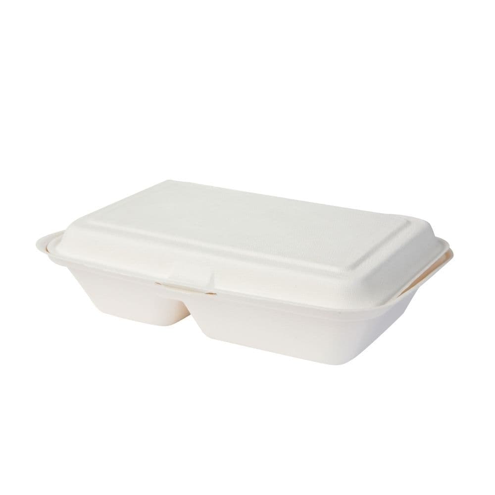 BIOZOYG 50 Stück Menübox 25 x 16,5 x 6,1 cm 2-geteilte, weiße Menüboxen aus Zuckerrohr, Bagasse, mit Klappdeckel Menüschachteln, Speiseschachteln