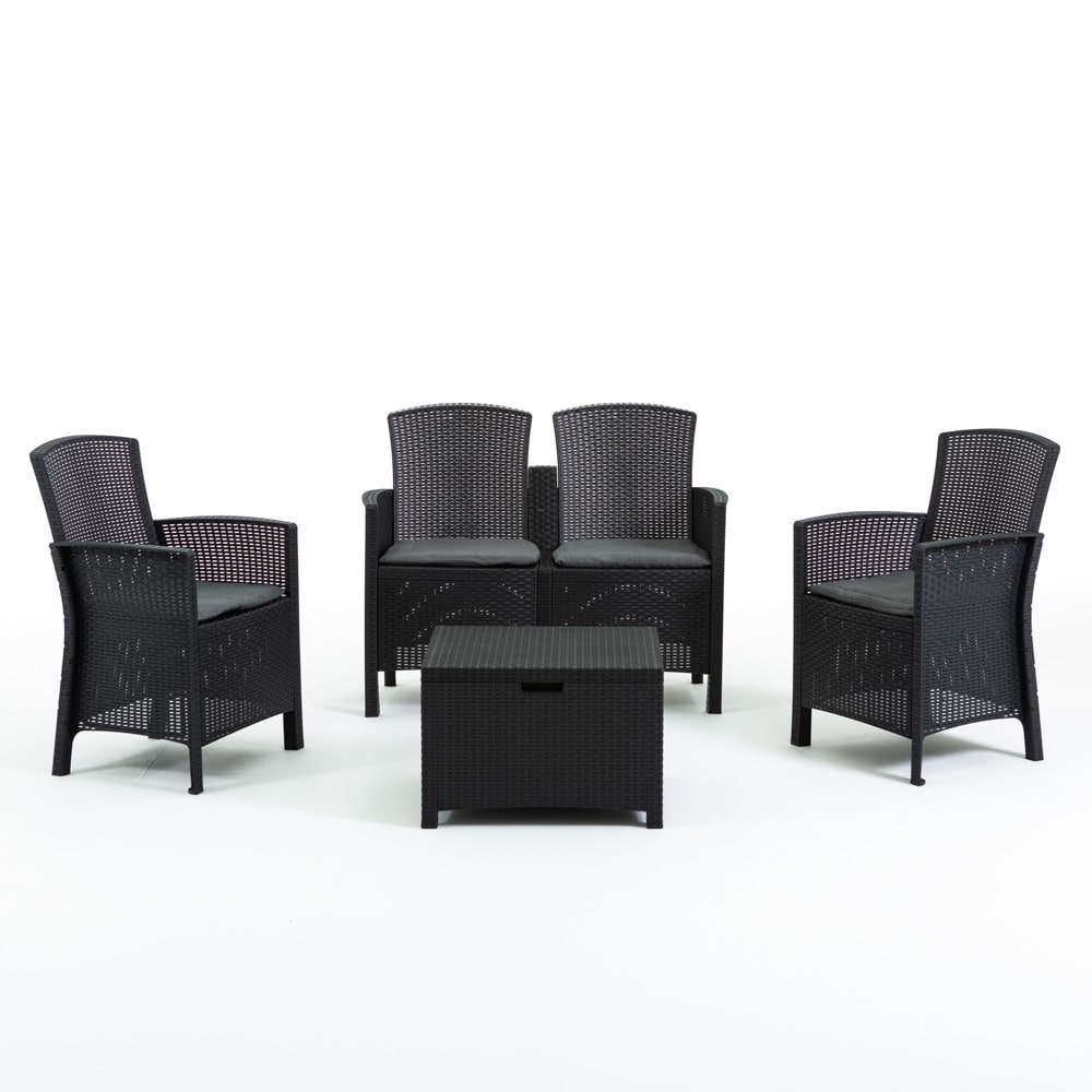 Ensemble de jardin en résine effet rotin, un canapé, 2 fauteuils, une table coffre – confortable, résistant, pour porche, terrasse ou jardin – LUGANO