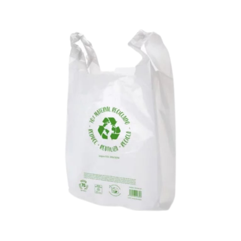 Bolsa blanca con impresión tipo camiseta de plástico HPDE reciclada 50-70%, medidas 420 x 530 mm paquete de 50 unds. SKU 14709