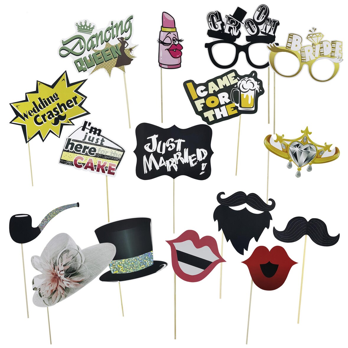 12x Party Props Fotobox  Requisiten Accessoires Set "Hochzeit"  16-teiliges Set