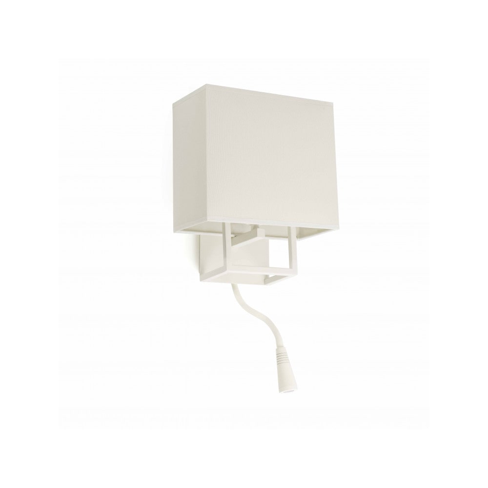 vesper, lampara de pared de metal blanco con lector led y pantalla textil blanca, faro barcelona