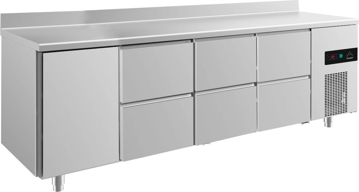 A&S Kühltisch -2 bis +8°C 2330x700x850mm mit 1x Tür und 3x zwei Schubladen u. Aufkantung