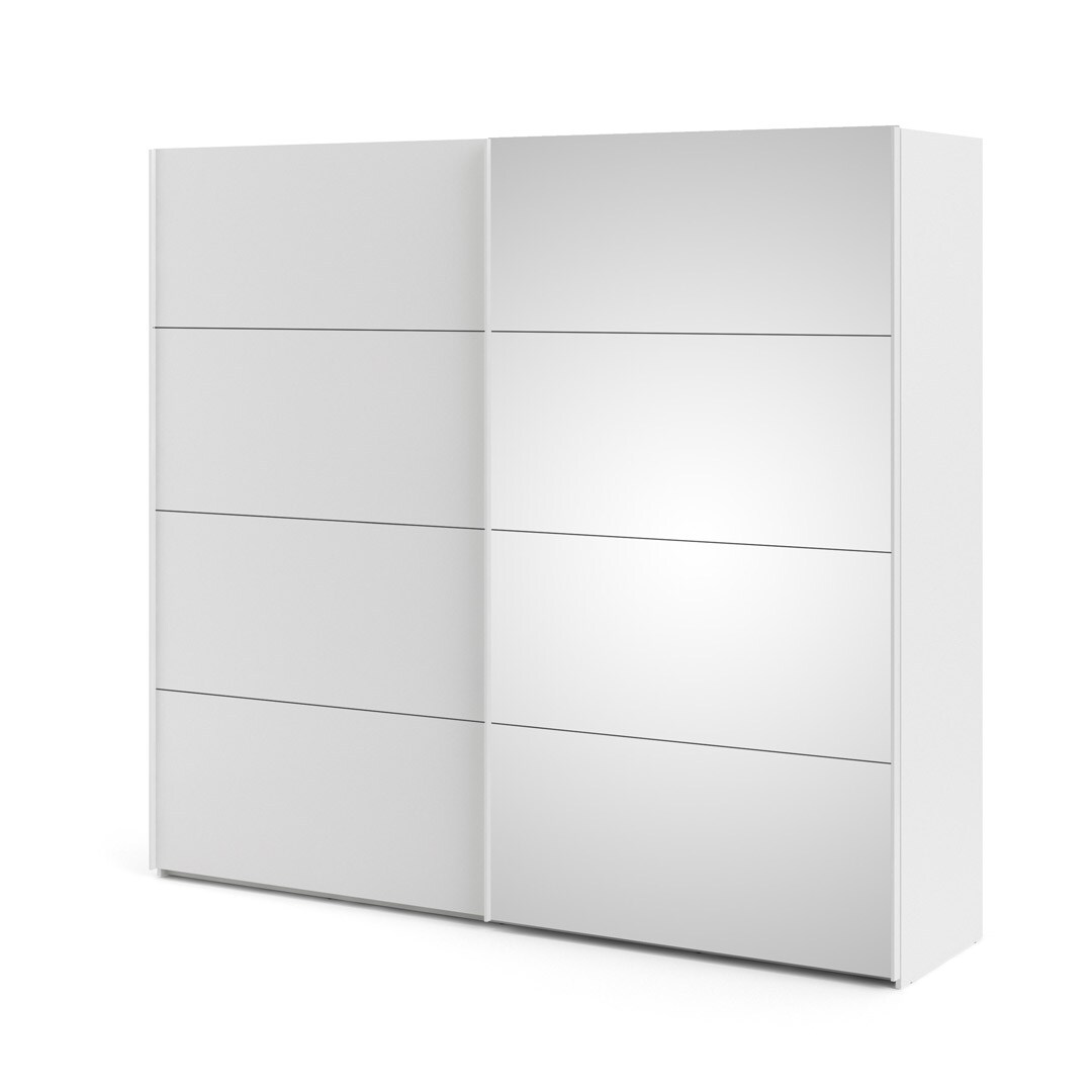 Veto Schiebetürenschrank B243 cm 1 Tür und 1 Spiegeltür weiß und weiß hochglanz.