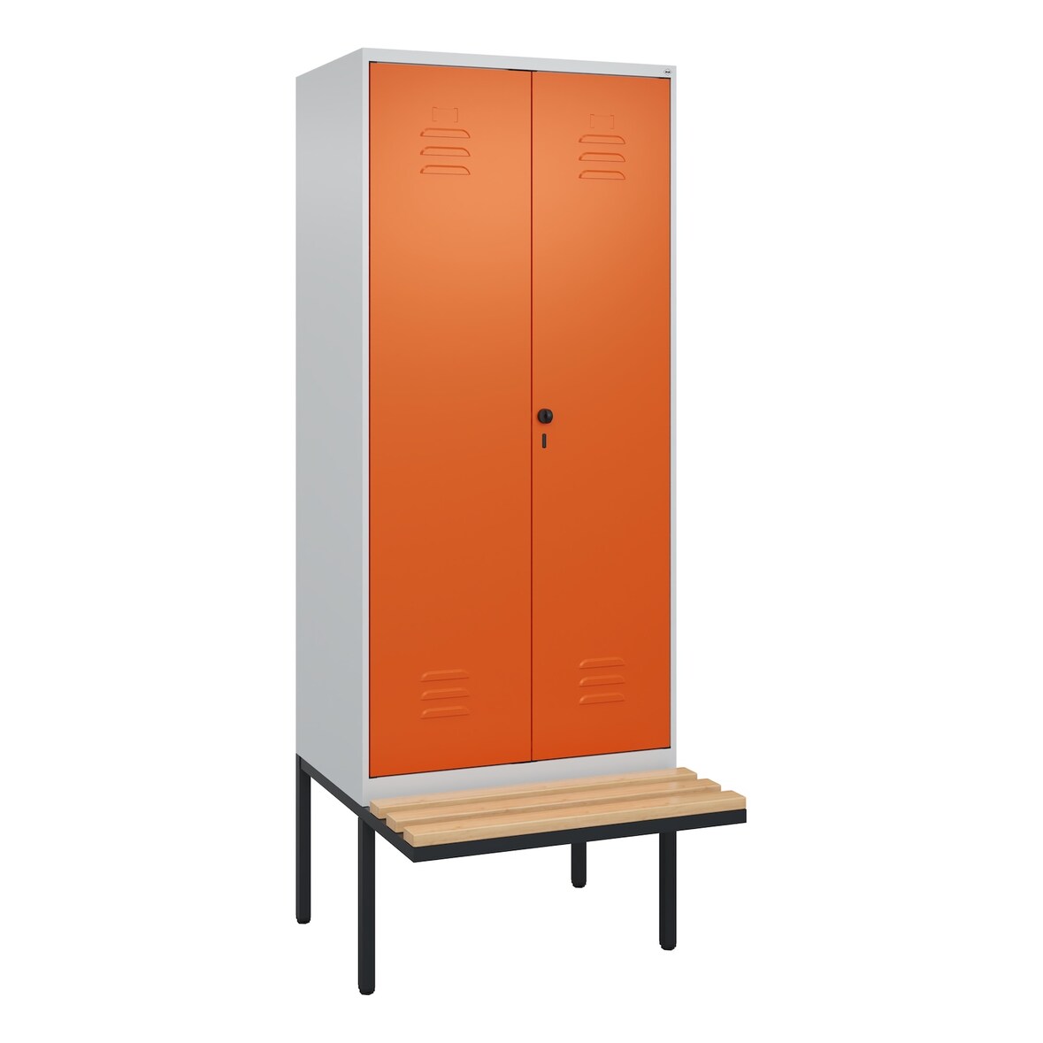 C+P Doppel-Spind Classic PLUS, schwebender Sitzbank aus Buche 2 Abteile, HxBxT 212x80x82cm, Sicherheitsdrehriegel, Hellgrau/Reinorange von PROREGAL