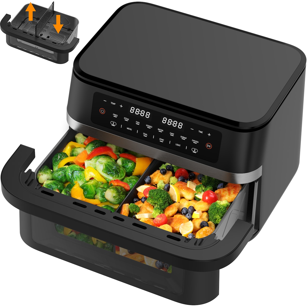 11L XXL Heißluftfritteuse, 2950W, Sichtfenster, Doppelkammer mit Trennwand, LED-Touch, 8-in-1, Spülmaschinenfest