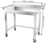 thumbnail of Table de travail en inox 1200 x 700 mm adossée avec renfort sur roulettes PREMIUM / GOLDINOX