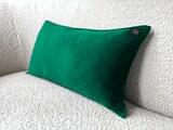 Ein grünes Kissen auf einem weißen Sofa.