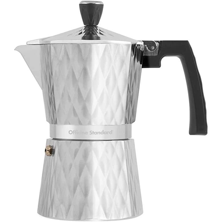 Officine Standard Caffettiera Diamantata Manico Antiscottatura Alluminio, Argento, Capacità 6 Tazze