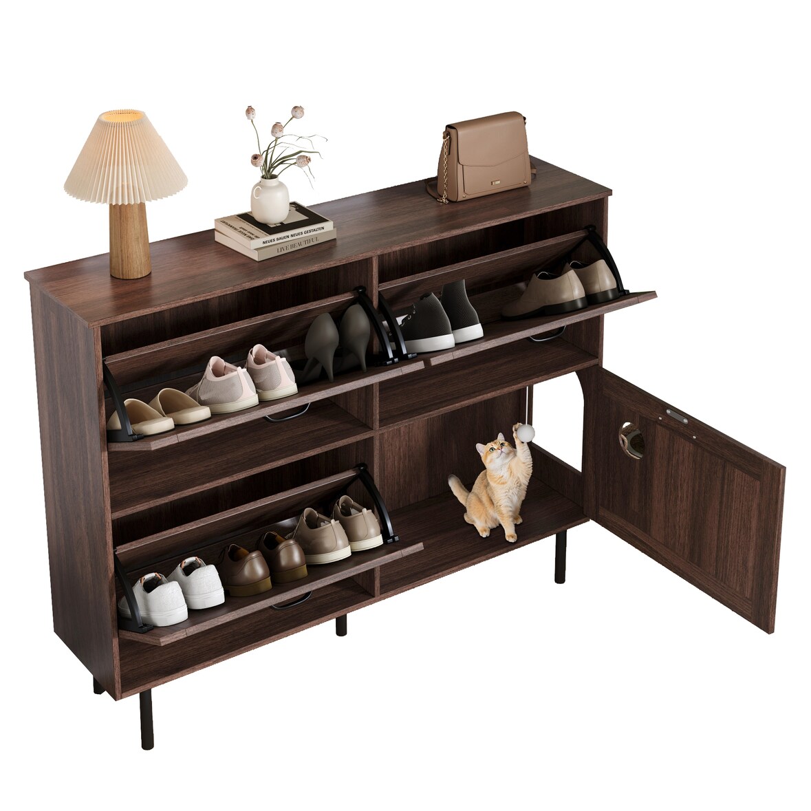 Schmaler Schuhschrank 28x120x92 cm mit 3 Klappen, Katzenspielzeug und Walnussfurnier für Stauraum und stilvolle Aufbewahrung