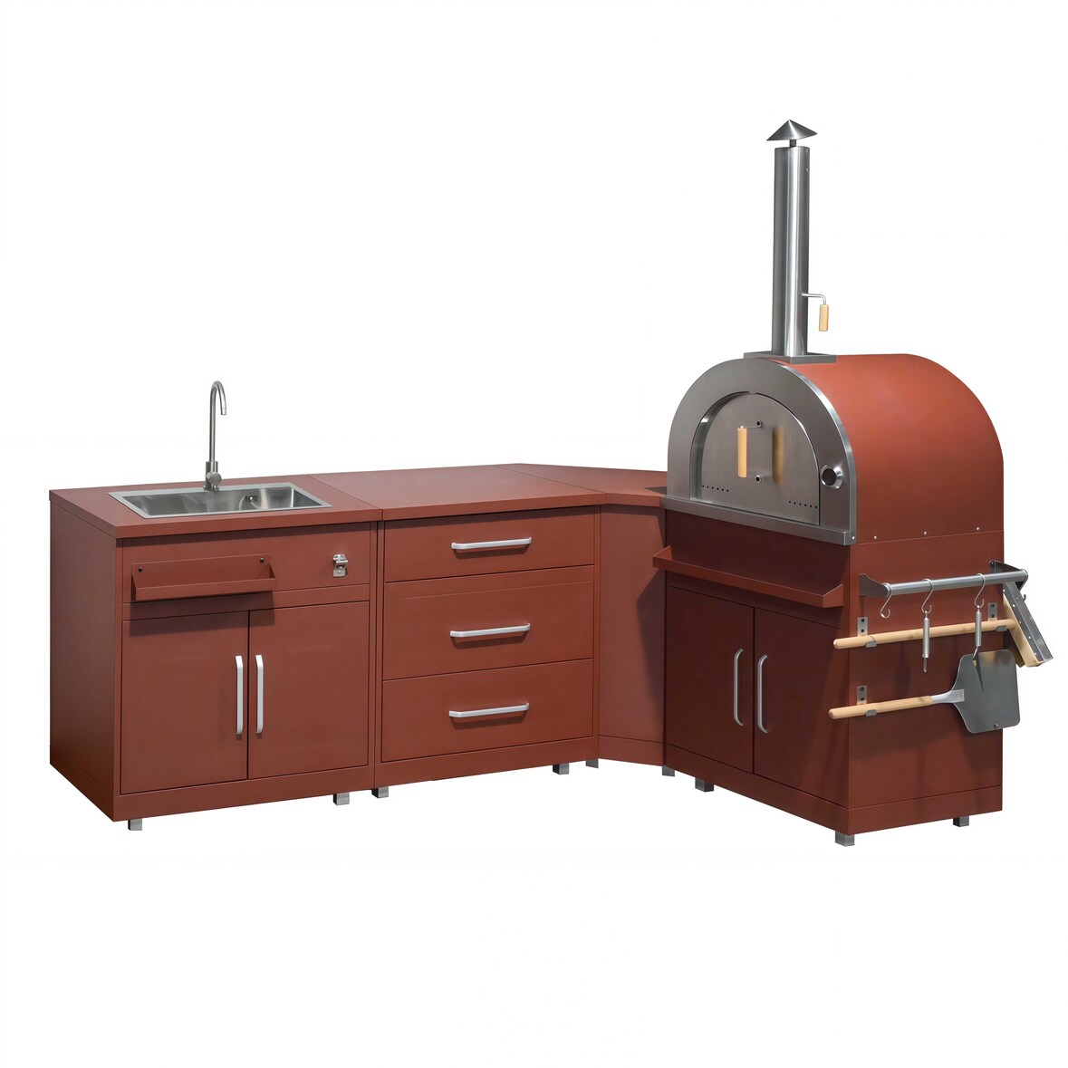 Oviala Cuisine extérieure acier 4 éléments avec four à pizza en acier 96 x 341 x 66 cm brique