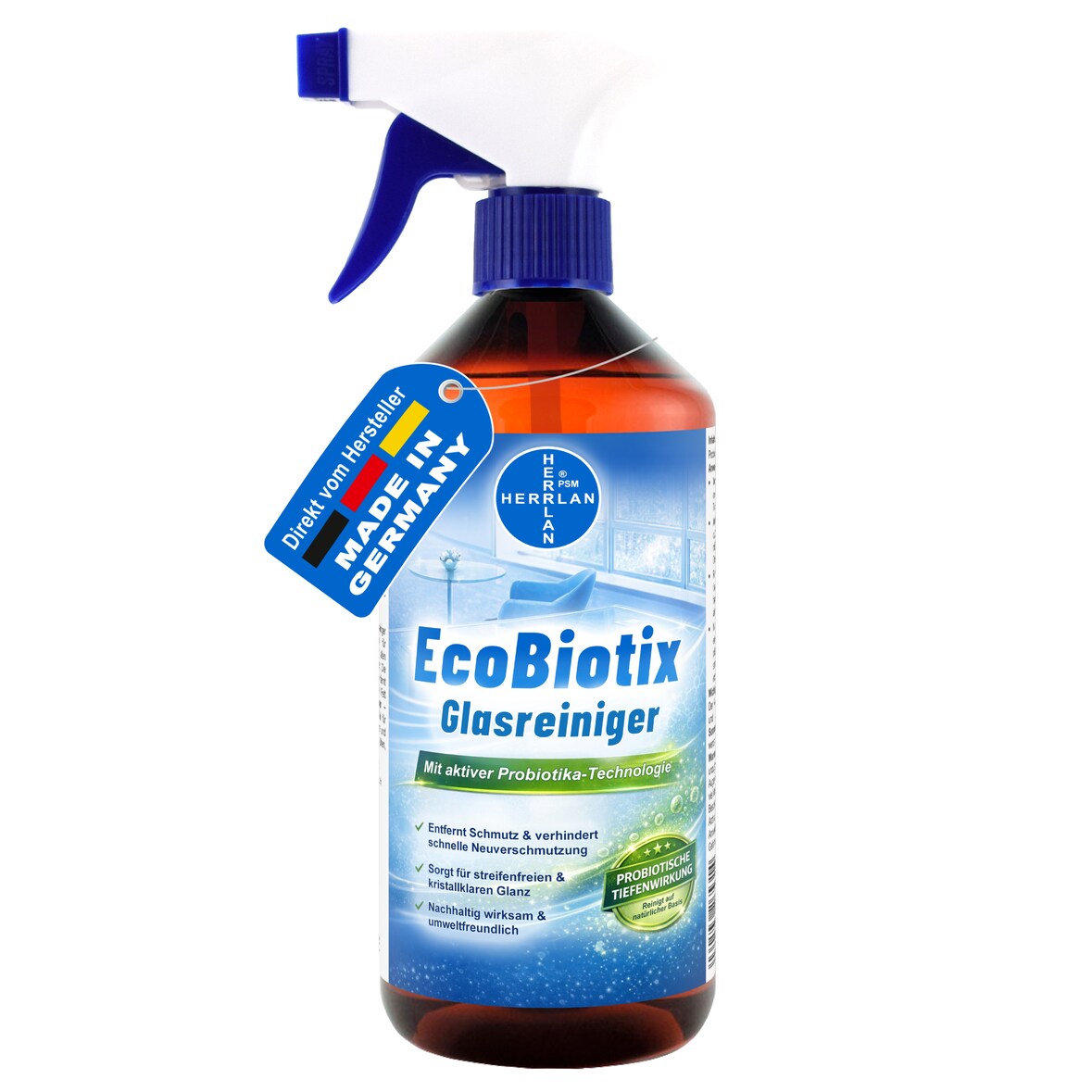 HERRLAN® EcoBiotix - 1 Liter HOCHLEISTUNGS Glasreiniger - CHEMIKALIENFREI - Probiotischer tiefenreiniger für Glasflächen, Spiegel, Duschkabinen uvm.