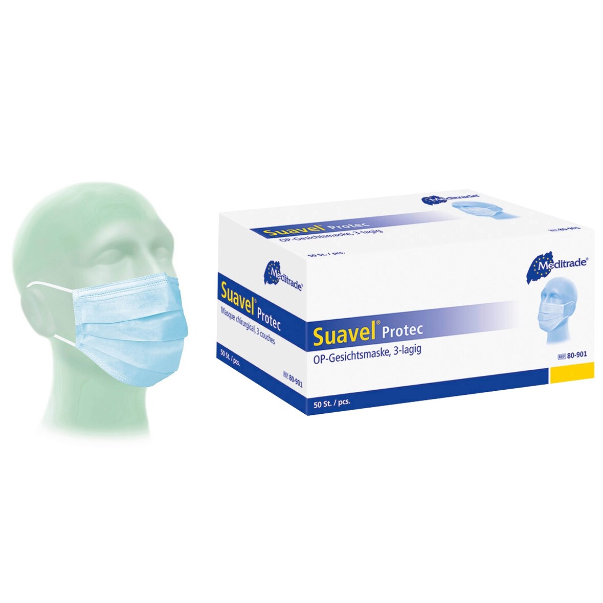100 Suavel Protec Schutzmasken - unsteril - blau - 3-lagig - med. Mundschutz