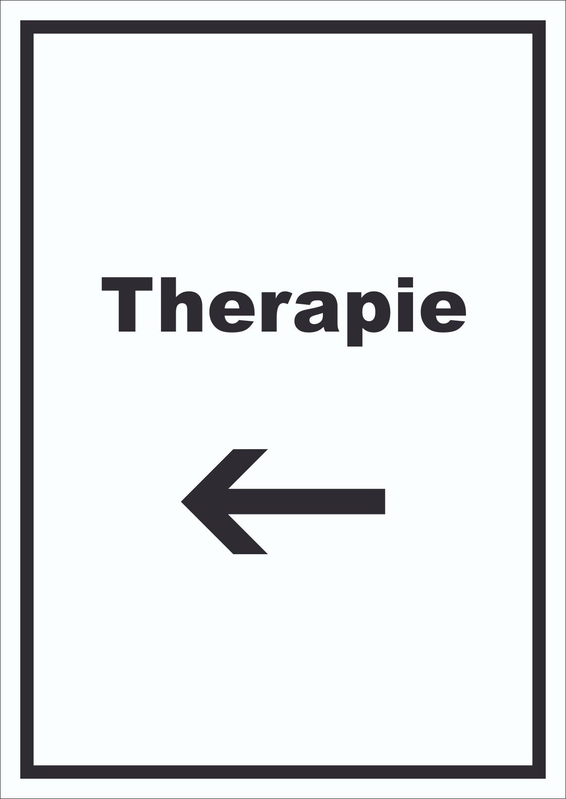 Therapie Schild mit Text und Richtungspfeil links Raum Behandlung hochkant A3 Rückseite selbstklebend