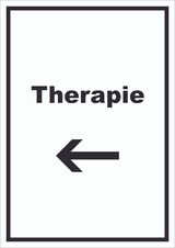 thumbnail of Therapie Schild mit Text und Richtungspfeil links Raum Behandlung hochkant A3 Rückseite selbstklebend