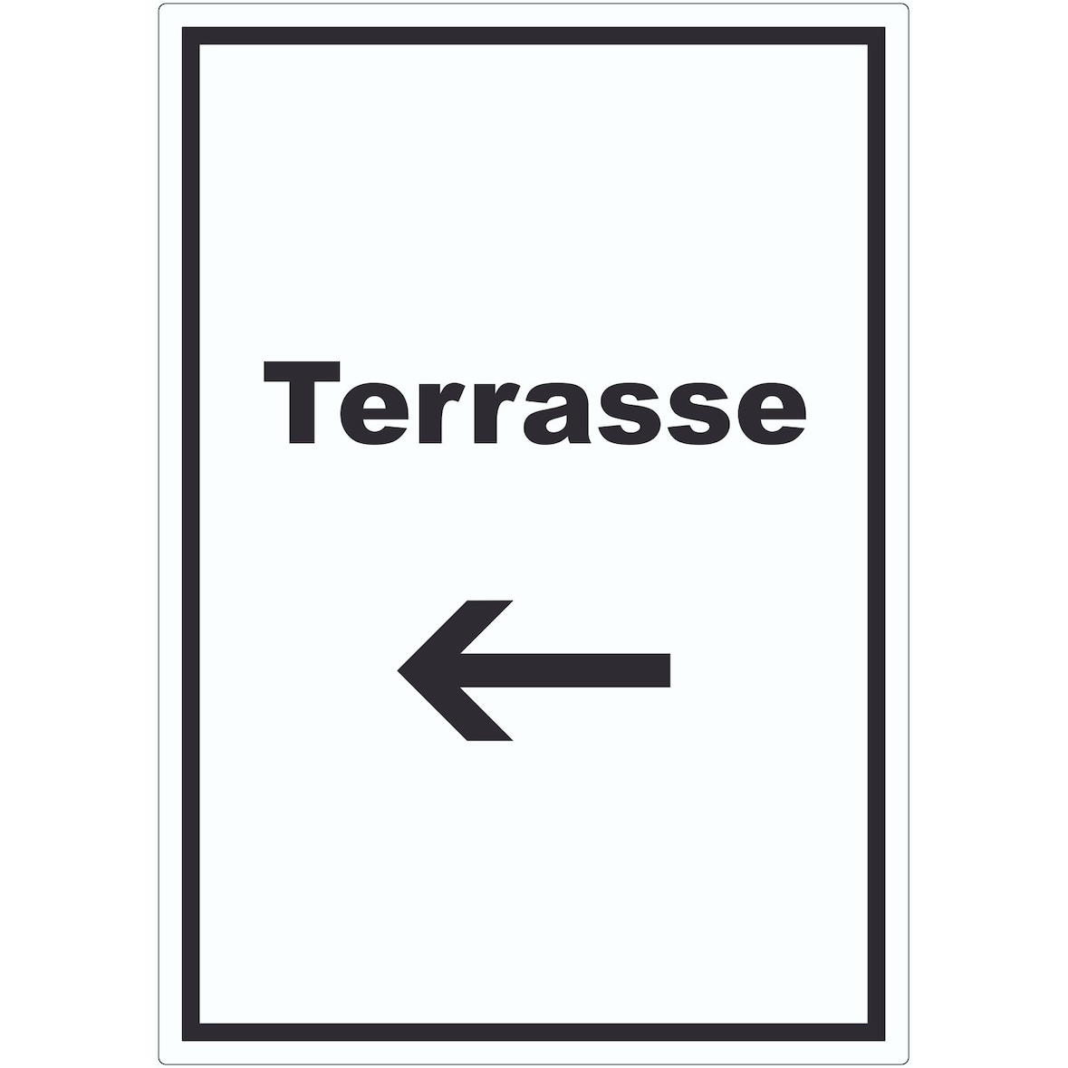 Terrasse Aufkleber mit Text und Richtungspfeil links hochkant A7 (74x105mm)
