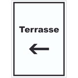 thumbnail of Terrasse Aufkleber mit Text und Richtungspfeil links hochkant A7 (74x105mm)