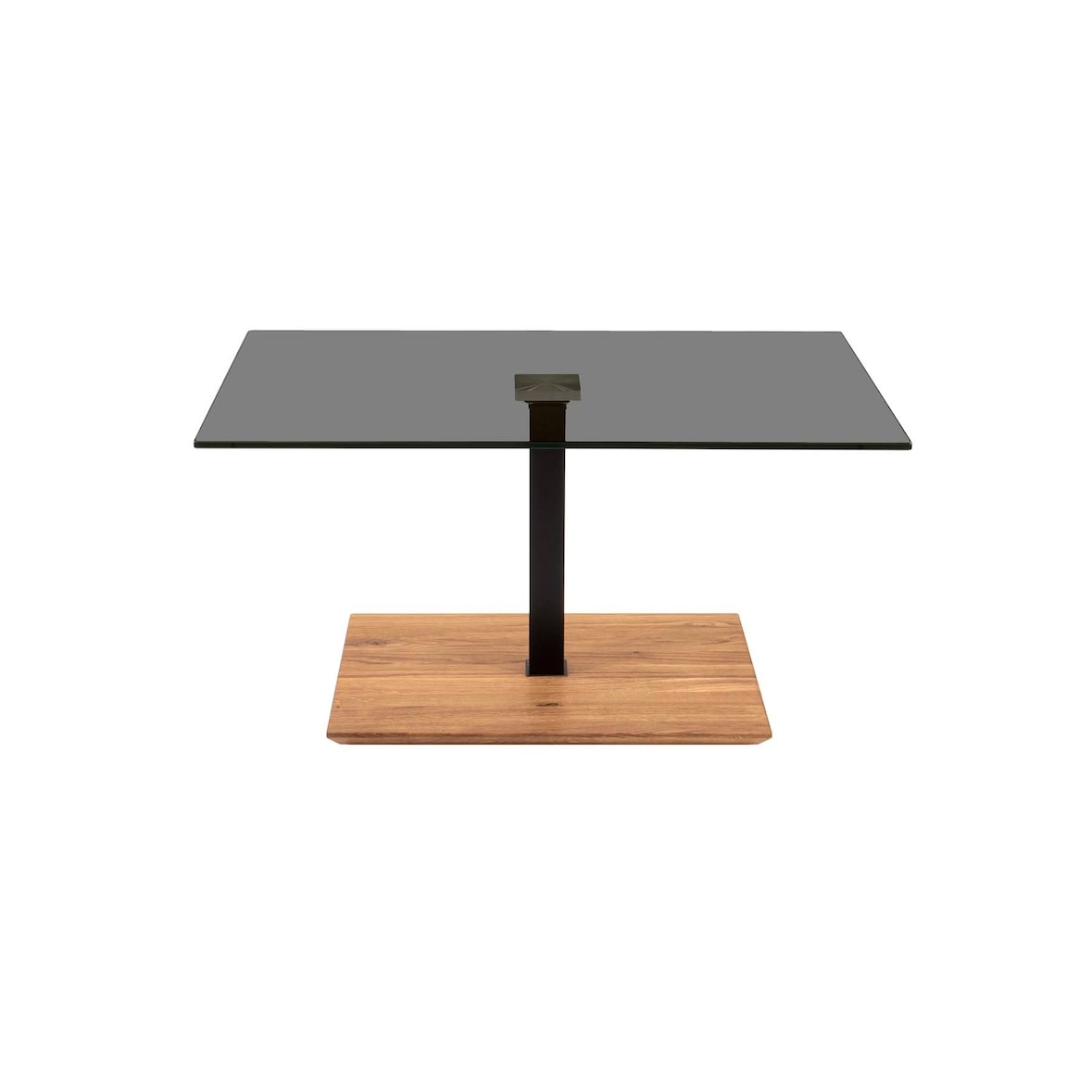 Vierhaus Couchtisch Platte Parsolglas grau, stufenlos höhenverstellbar, Metallteile schwarz, Bodenplatte Wildeiche Massiv geölt, rollbar