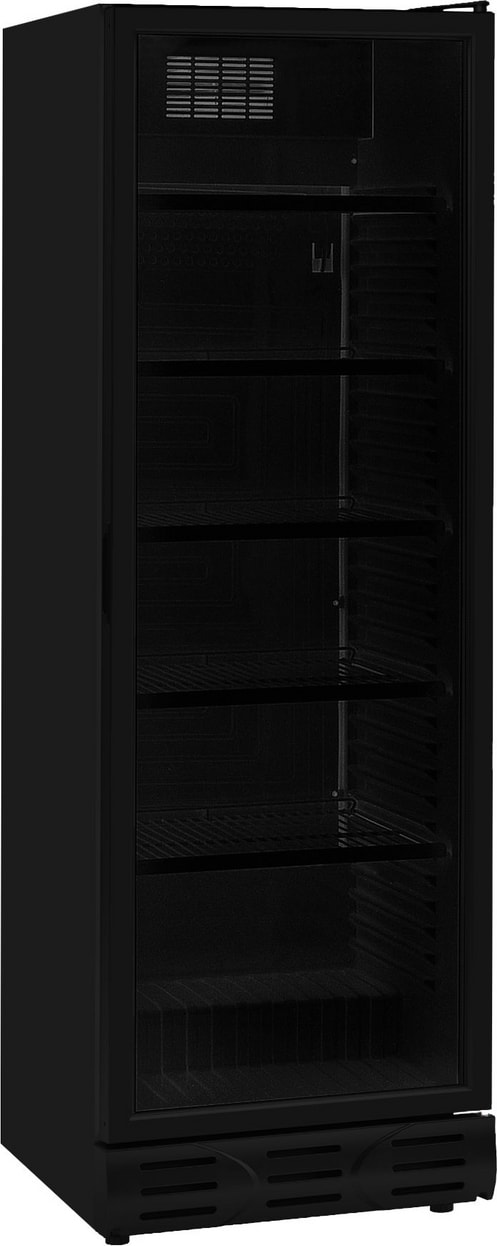 Un frigorifero per bevande nero con porta in vetro.