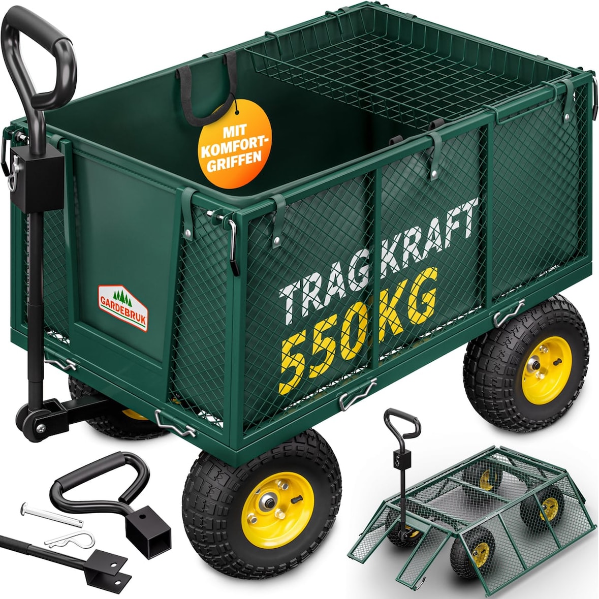 GARDEBRUK® Transportwagen 550kg Belastbar Profilräder Luftbereift Lenkachse Plane Bollerwagen Handwagen Gartenwagen